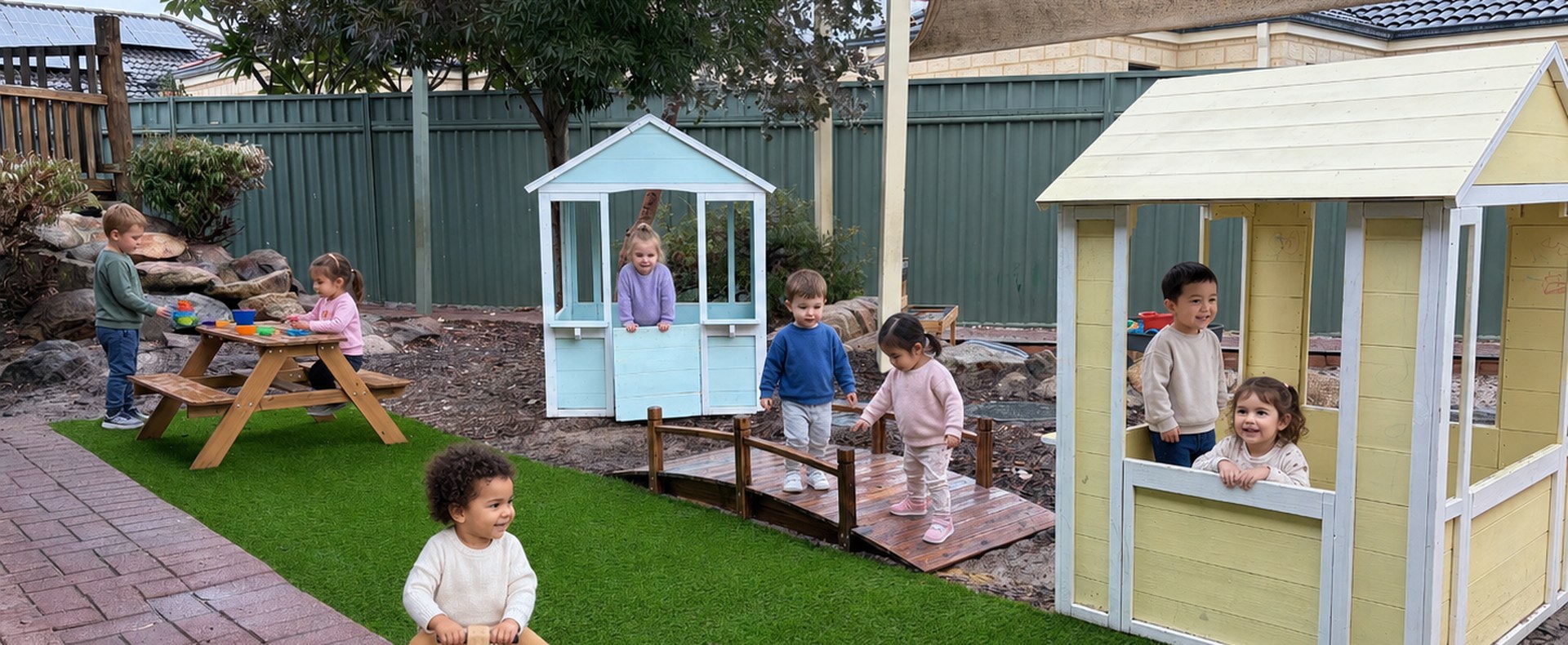 Children playing in the outdoor area of Morley Early Learning Centre — playhouses, picnic table, bridge and grass